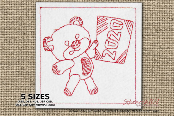 Charming Teddy Bear with New Year Card Redwork